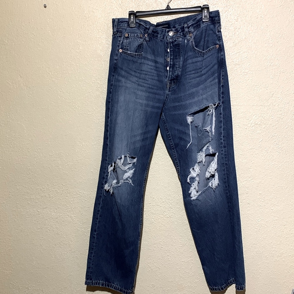 Aeropostale Jeans 14Reg Blue Button Fly Ripped 90's Baggy LOGO Cotton